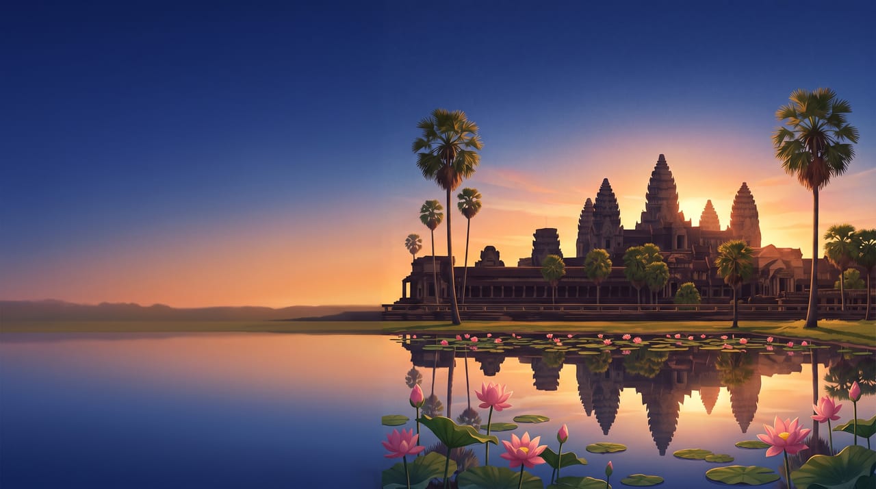 Illustration of Angkor Wat at sunrise reflected in a lotus pond with sugar palm trees, Siem Reap, Cambodia